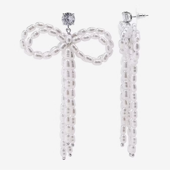 Bijoux Bar Silver Pearl Bow Drop Earrings - Picture 2 of 5